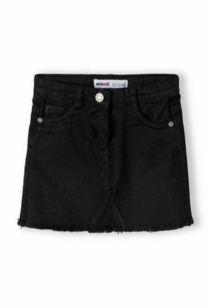 Schwarzer Jeans-Minirock für Kinder mit Frontknöpfen, Gürtelschlaufen, Taschen und ausgefranstem Saum.