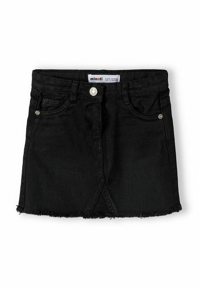 Mini-jupe en denim noir pour enfants avec boutons sur le devant, passants de ceinture, poches et ourlet effiloché.