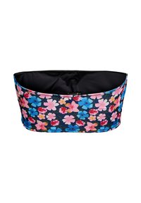 Bloemige bandeau top met een zwarte achtergrond, versierd met roze, blauwe en witte bloemen. Soepele textuur met een aansluitend ontwerp.