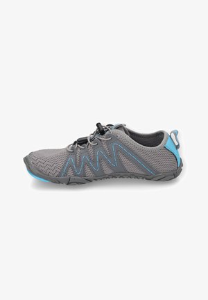 Lightweight gray and blue water shoe with mesh upper, zigzag synthetic overlays, elastic toggle lacing, and pull tab at heel.