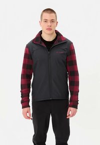 Zwart-rood geruit jack met lange mouwen en ritssluiting aan de voorkant, met donkergrijze panelen en een logo op de borst. Zachte, gestructureerde stof.