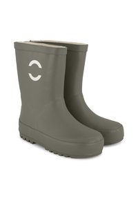 Grønne gummistøvler med en tekstureret sål, glat finish og en hvid cirkulær logo på den ydre side. Klassisk knælangt design.