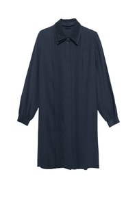 Abito a maniche lunghe blu navy con colletto testurizzato, chiusura con bottoni e pieghe verticali. Il tessuto appare liscio con una vestibilità comoda.