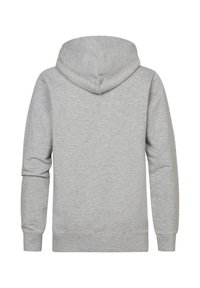 Šedá mikina s velkou kapucí, dlouhým rukávem a žebrovaným lemem. Vyrobena z texturované tkaniny se hladkým povrchem a bez viditelného loga.