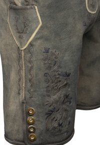 Leather shorts in a muted gray tone, featuring embroidered floral designs, decorative stitching, and four round buttons at the hem.