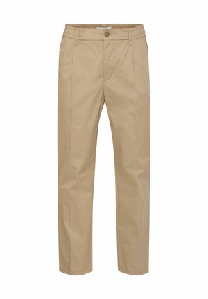 Beige, lette bukser laget av bomull, med knappelukking, to frontlommer og en skreddersydd passform med rett ben.