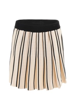 Pleated skirt in cream with black vertical stripes. Features a black elastic waistband. Fabric texture appears smooth and lightweight.