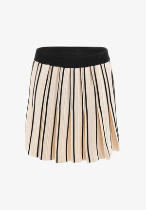 Pleated skirt in cream with black vertical stripes. Features a black elastic waistband. Fabric texture appears smooth and lightweight.