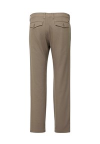 Braune Hose aus strukturiertem Stoff; verfügt über zwei Gesäßtaschen mit Knopfverschlüssen und einem geraden Beinanschnitt. Maßgeschneiderter Schnitt für eine moderne Passform.