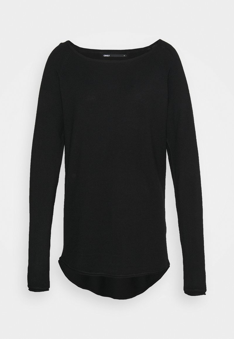 T-shirt noir à manches longues avec col rond, ourlet incurvé, design simple et texture côtelée, présenté sur un fond uni.