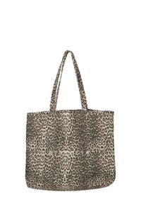 Sac fourre-tout en toile imprimé léopard avec des poignées en tissu doubles ; présente un schéma de couleurs beige clair et marron foncé, ainsi qu'un texte logo simple.