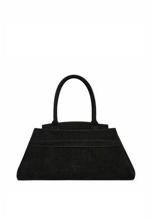 Bolso de mano negro con forma de trapecio, dos asas redondeadas, textura lisa y detalle sutil de costuras sobre fondo blanco.