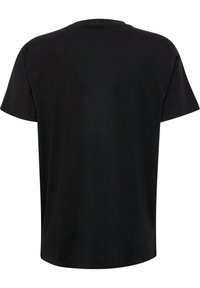 Camiseta negra de manga corta hecha de suave tela de algodón. Presenta un cuello redondo clásico y un corte recto, sin patrones o detalles visibles.