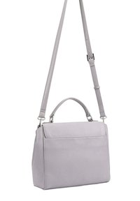 Grijze neopreen handtas met een gestructureerde vorm, dubbele handvatten, een afneembare schouderband en een gladde textuur.