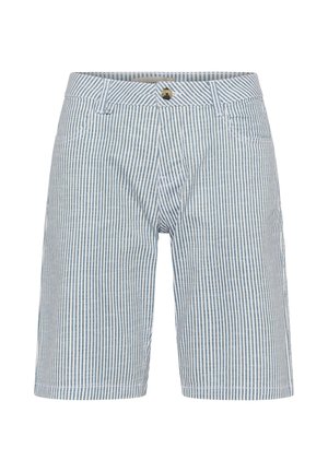 Meeste keskmise pikkusega lühikesed püksid, millel on vertikaalsed sinised ja valged triibud, vööaasad, nööpidega sulgur ja ees taskud.