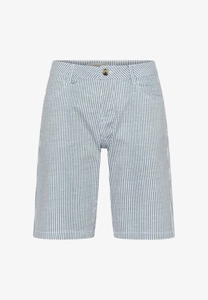 Muške srednje duge kratke hlače s vertikalnim plavo-bijelim prugama, prorezima za remen, zatvaračem na dugme i prednjim džepovima.