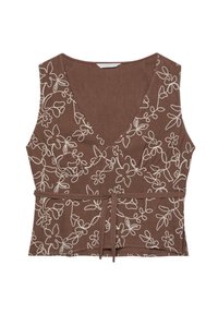 Top marrone senza maniche con scollo a V, caratterizzato da ricami floreali bianchi e un fiocco in vita. Tessuto testurizzato con forma aderente.
