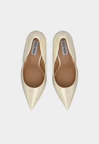 Escarpins pour femmes à bout pointu en satin de couleur ivoire. Conception sans lacets, texture lisse et doublure intérieure en marron clair. Étiquette de la marque visible.