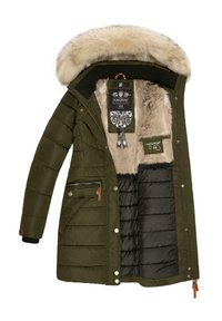 Olive green puffer coat with faux fur hood, zippered pocket, quilted interior, and brand tags visible, featuring contrasting black lining.