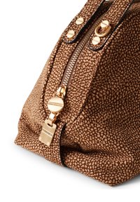 Brown textured bag made of leather, featuring a gold zipper, decorative hardware, and a rounded shape with a subtle pattern.
