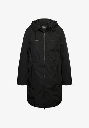 Giacca outdoor nera con cappuccio, chiusura anteriore con zip, due tasche laterali e tessuto testurizzato con cinturini regolabili sul colletto.
