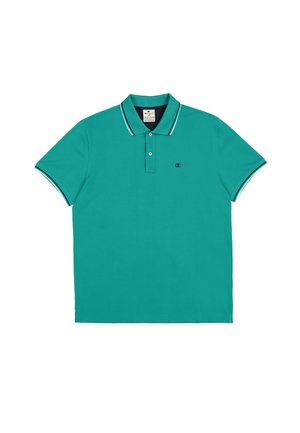 Polo turquoise en coton, doté d'une patte de boutonnage à trois boutons, d'un col côtelé avec des rayures contrastantes et d'un petit logo sur la poitrine.