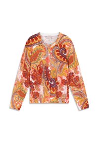 Haut à manches longues et col en V présentant un motif paisley vibrant en rouge, orange, or et blanc. Confectionné dans un tissu doux avec une coupe confortable.