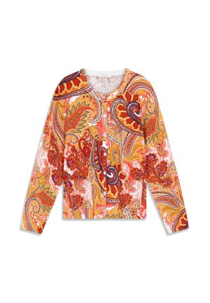 Haut à manches longues et col en V présentant un motif paisley vibrant en rouge, orange, or et blanc. Confectionné dans un tissu doux avec une coupe confortable.