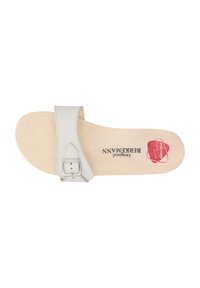 Light gray leather sandal with a wide strap, adjustable buckle, and wooden footbed. Features a logo on the insole.