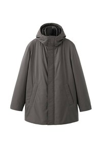 Giacca puff grigia con cappuccio, caratterizzata da una chiusura a zip frontale, due tasche laterali e una vestibilità morbida. Il materiale appare liscio con una finitura opaca.