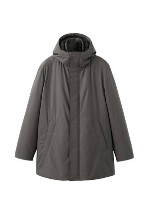 Jachetă pufoasă gri cu glugă, dotată cu fermoar frontal, două buzunare laterale și o croială lejeră. Materialul pare neted cu un finisaj mat.