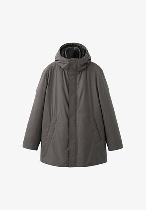 Jachetă pufoasă gri cu glugă, dotată cu fermoar frontal, două buzunare laterale și o croială lejeră. Materialul pare neted cu un finisaj mat.