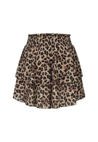 Leopardenmusterrock mit einem gestuften Design, elastischem Bund und beigefarbener Grundfarbe. Verfügt über schwarze und braune Leopardenflecken. Weicher Stoff.