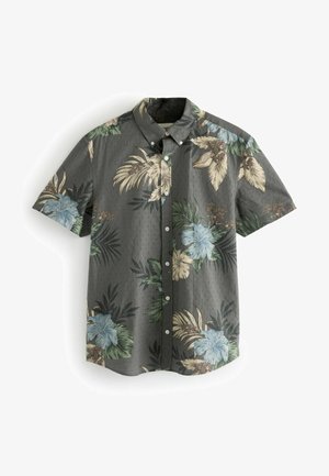 Short-sleeve button-up shirt in dark gray fabric, featuring a tropical floral pattern in blue, beige, and green tones with a textured finish.