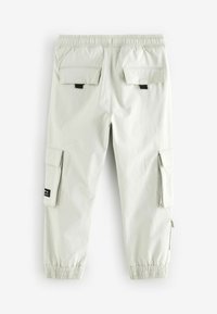 Pantalons cargo gris clair avec taille élastique, deux poches arrière, poches latérales et zips au niveau des poignets. Texture lisse avec des accents cousus.
