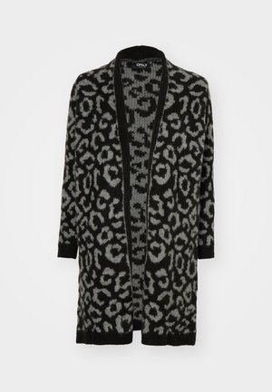 Black and gray leopard print cardigan with an open front, long sleeves, ribbed edges, and a soft knit texture.
