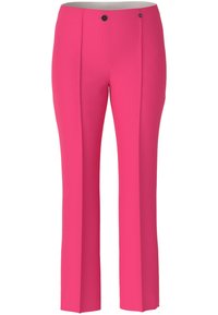 Pantalons rose vif à coupe ajustée, avec une taille plate, deux boutons et des jambes droites. Tissu lisse avec une finition poli.
