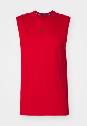 Camisa de algodão vermelha sem mangas, com um decote redondo, apresentando um logotipo preto da Jordan no centro, e um design simples sem padrões ou acentos.