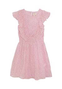 Rosa klänning med blommönster, volangärmar, smockad midja och en utsvängd kjol. Mjuk, lättviktsmaterial. Knäppning bak.