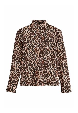 Svetr s vysokým límcem v odstínu tan s leopardím potiskem. Vyrobeno z texturované látky, má dlouhé rukávy a těsný fit kolem límce.