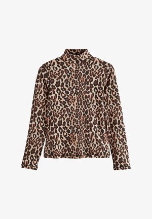 Pull à col roulé beige avec un motif léopard. Fabriqué en tissu texturé, il possède des manches longues et un ajustement près du col.