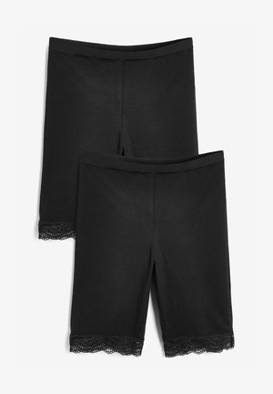 Pantaloni corti neri in cotone con una vita elasticizzata e bordo in pizzo all'orlo. Tessuto morbido, design aderente e lunghezza a metà coscia. Inclusi due paia.