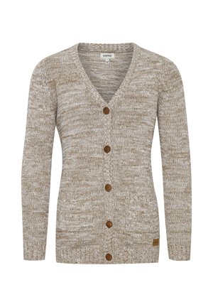 Beige knit cardigan with a V-neck, seven brown buttons, and ribbed cuffs. Features a textured pattern and a small brand label on the side.