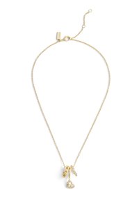 Gold-tone necklace with a delicate chain, featuring three pendants: two rings and a heart shape adorned with clear stones.