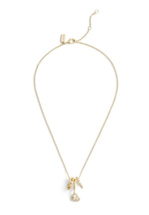 Gold-tone necklace with a delicate chain, featuring three pendants: two rings and a heart shape adorned with clear stones.