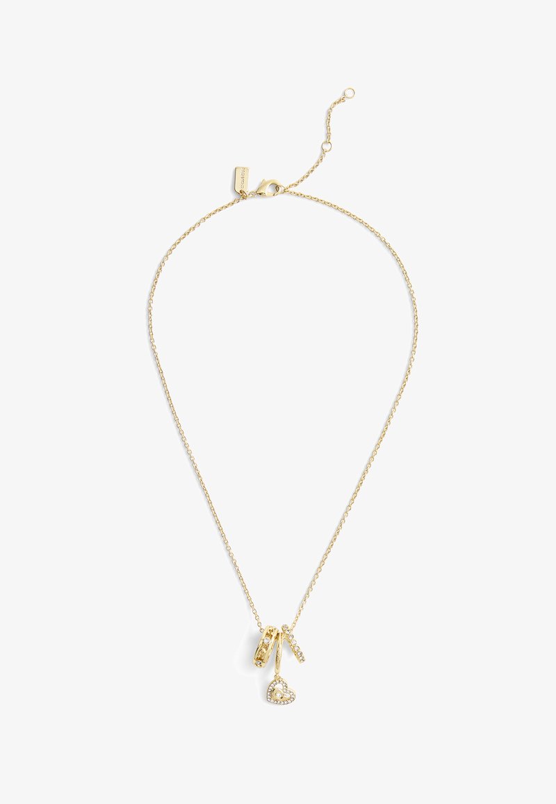 Gold-tone necklace with a delicate chain, featuring three pendants: two rings and a heart shape adorned with clear stones.