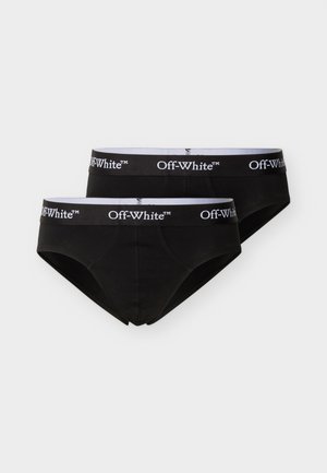 Deux slips noirs avec des ceintures élastiques noires affichant des logos "Off-White™" blancs, présentés sur un fond blanc uni.