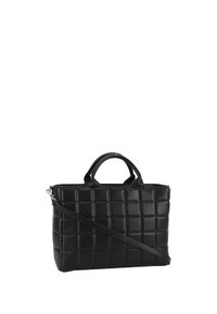 Czarna skórzana torebka z pikowanym wzorem, prostokątny kształt, podwójne uchwyty i regulowany pasek na ramię. Akcenty w kolorze srebrnym.
