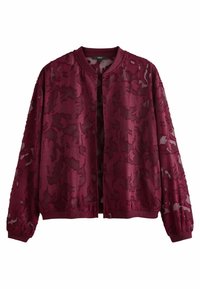 Veste bomber bordeaux avec une superposition en voile transparent à motifs abstraits texturés, poignets côtelés et col rond. Tissu léger.