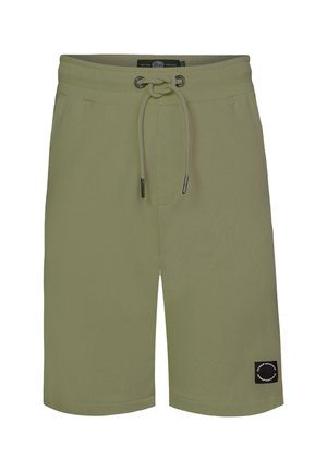 Pantaloni corti in misto cotone verde oliva con vita elastica e cordoncino regolabile. Presentano un piccolo logo nero sul lato sinistro.
